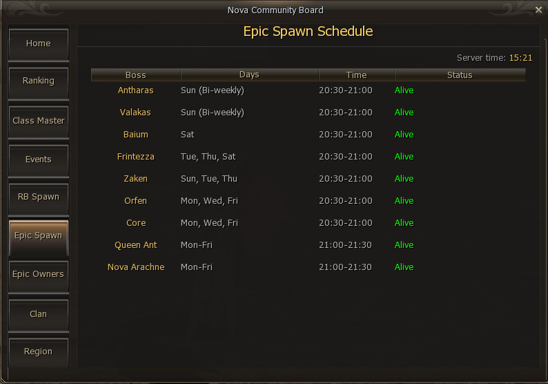 Community Board Epic Spawn schedule