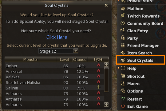 Soul Crystal leveling monsters and chances