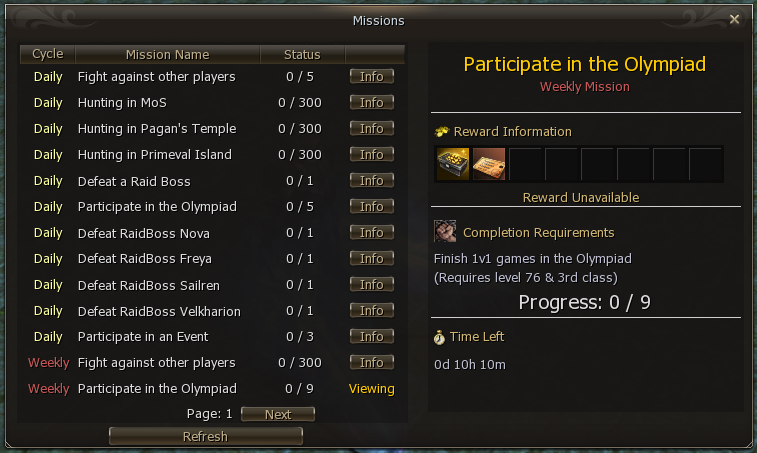 Daily and weekly mission interface